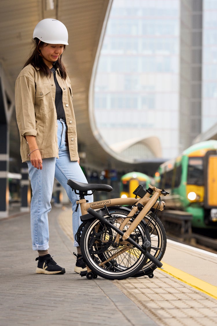 A man carrying a folded Brompton Electric C Line with a resting dog next to him